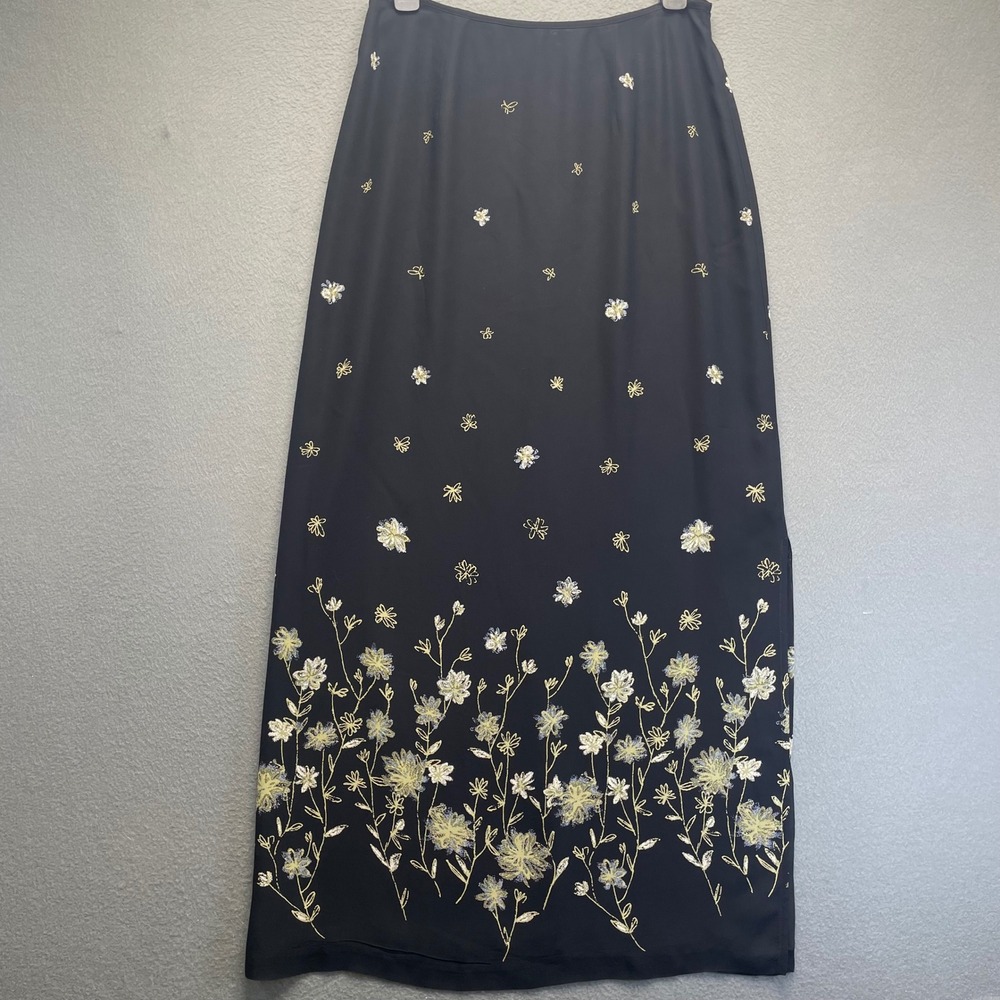 Boho Floral Embroidered Sigrid Olsen Midi Skirt Black Split Hem Women 8